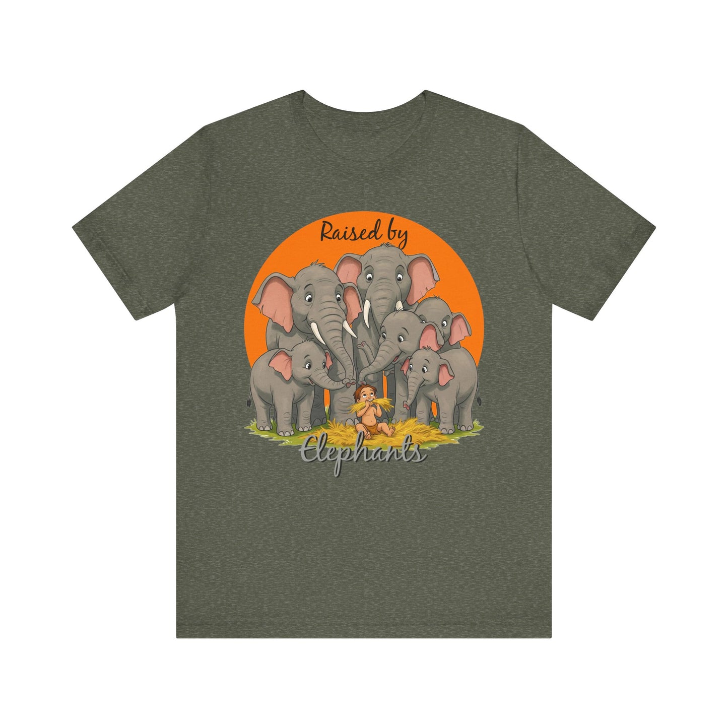 Elephant Lovers Tee - Funny 'Raised by Elephants' Unisex Jersey Short Sleeve Shirt - Wildlife and Nature Lovers Shirt (Male Character Version) - Schmartypants