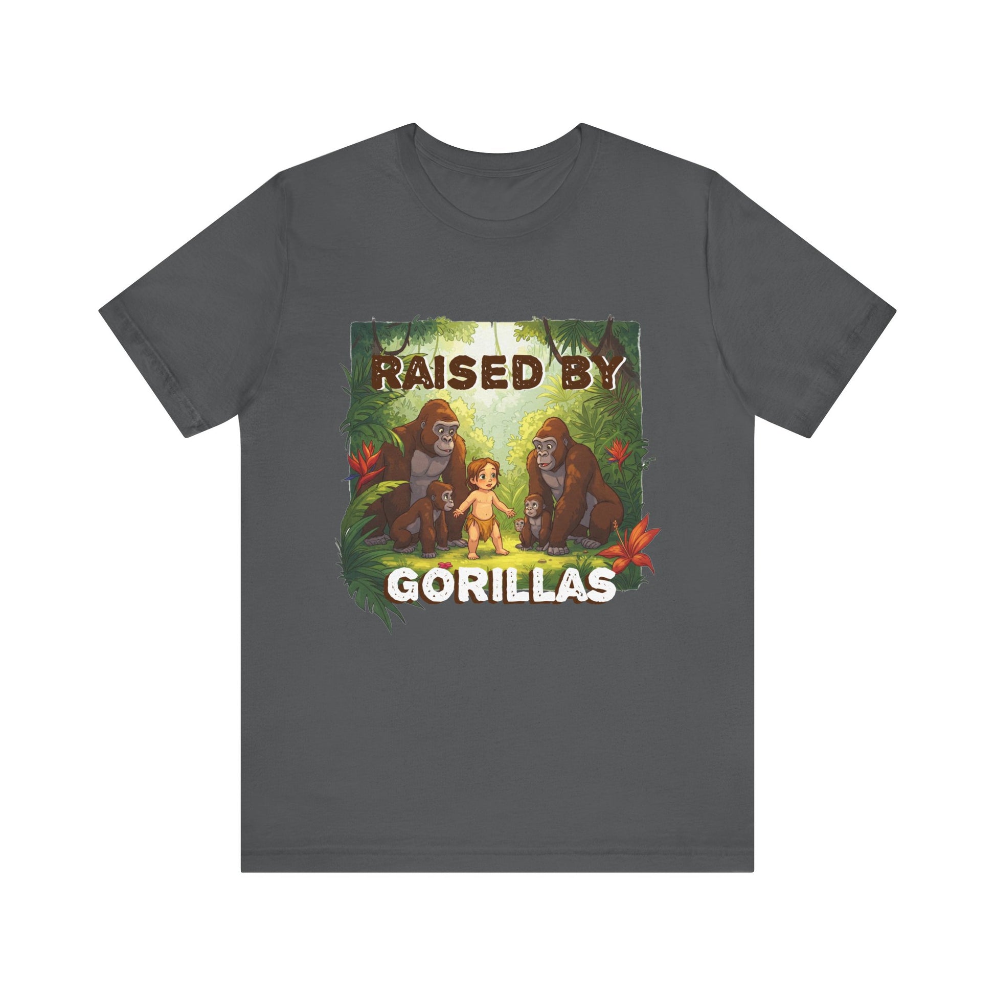 Hilarious 'Raised by Gorillas' Unisex T-Shirt - Funny Animal Lover Gift (male character version) - Schmartypants