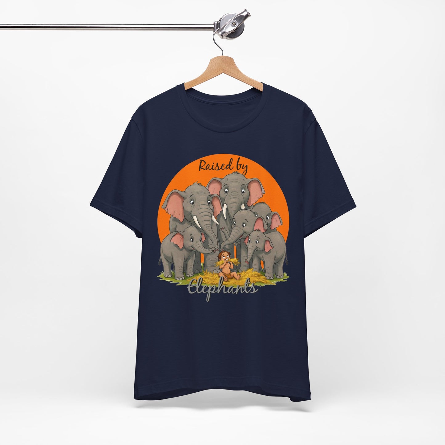 Elephant Lovers Tee - Funny 'Raised by Elephants' Unisex Jersey Short Sleeve Shirt - Wildlife and Nature Lovers Shirt (Male Character Version) - Schmartypants