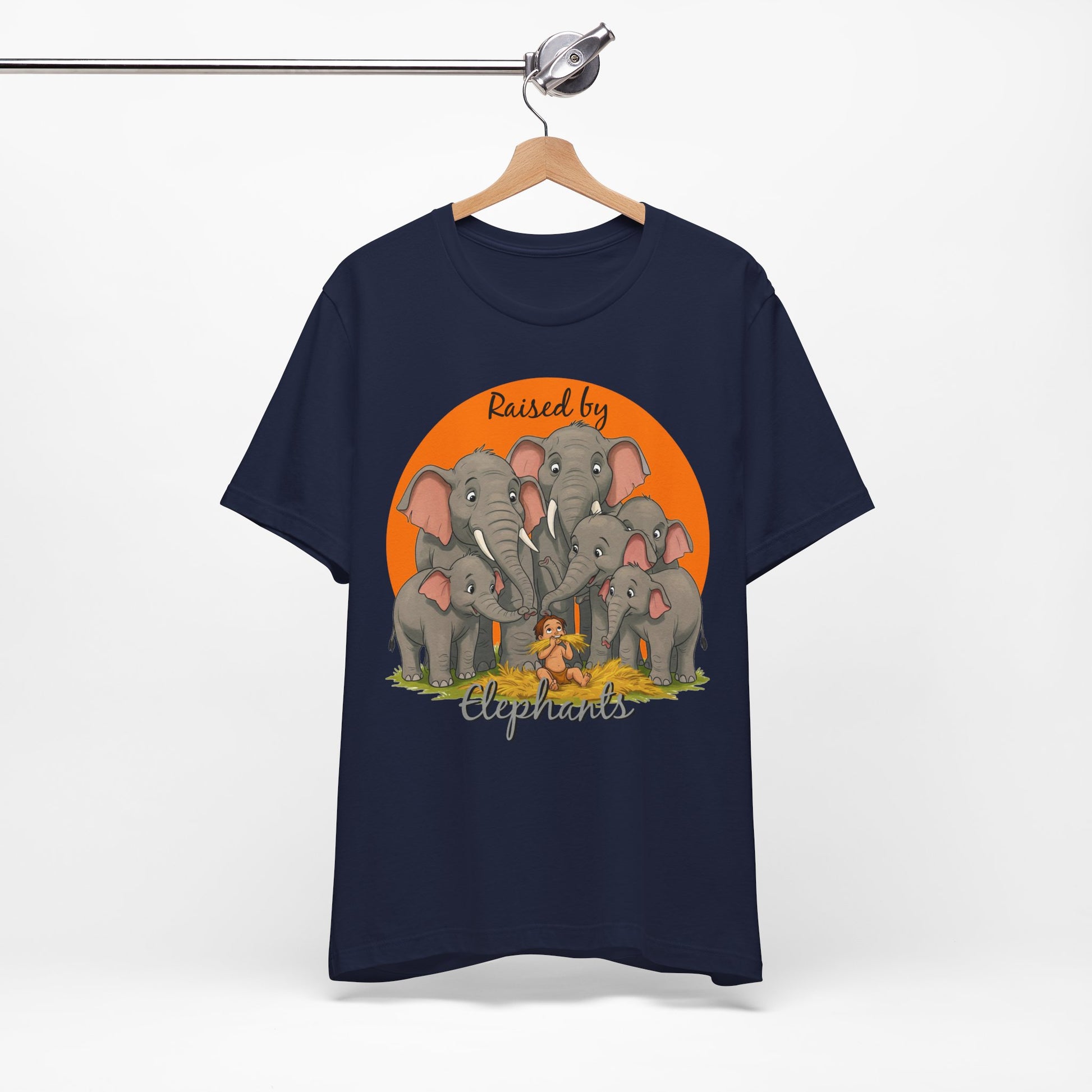Elephant Lovers Tee - Funny 'Raised by Elephants' Unisex Jersey Short Sleeve Shirt - Wildlife and Nature Lovers Shirt (Male Character Version) - Schmartypants