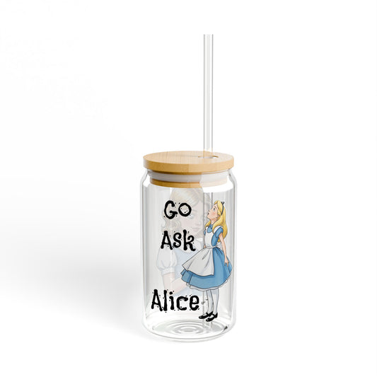 Alice in Wonderland 'Drink Me' Sipper Glass, 16oz with Straw, 'Go Ask Alice' Design, Cute Drinkware for Tea Parties, Gifts for Readers