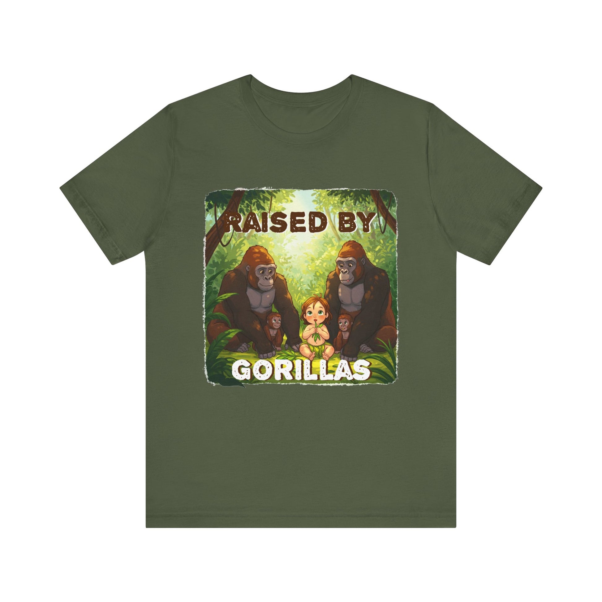 Funny Gorilla Graphic Tee - 'Raised by Gorillas' Unisex Jersey Shirt (Female character version) - Schmartypants