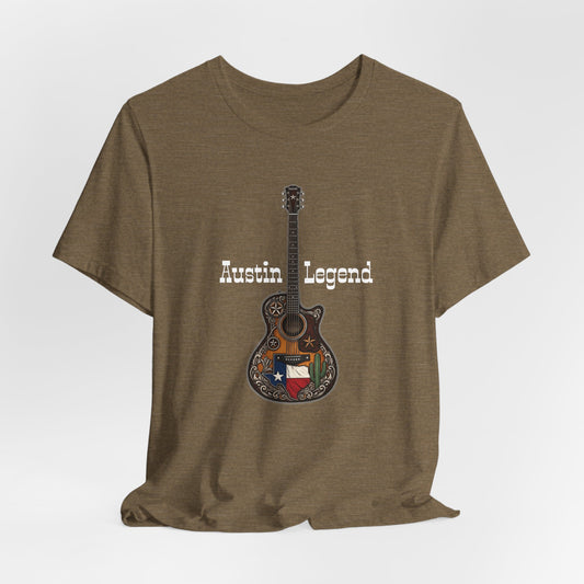 Austin Legend Guitar Tee | Unisex Short Sleeve T-Shirt, Music Lover Gift, Austin TX Souvenir, Casual Wear, Festival Apparel