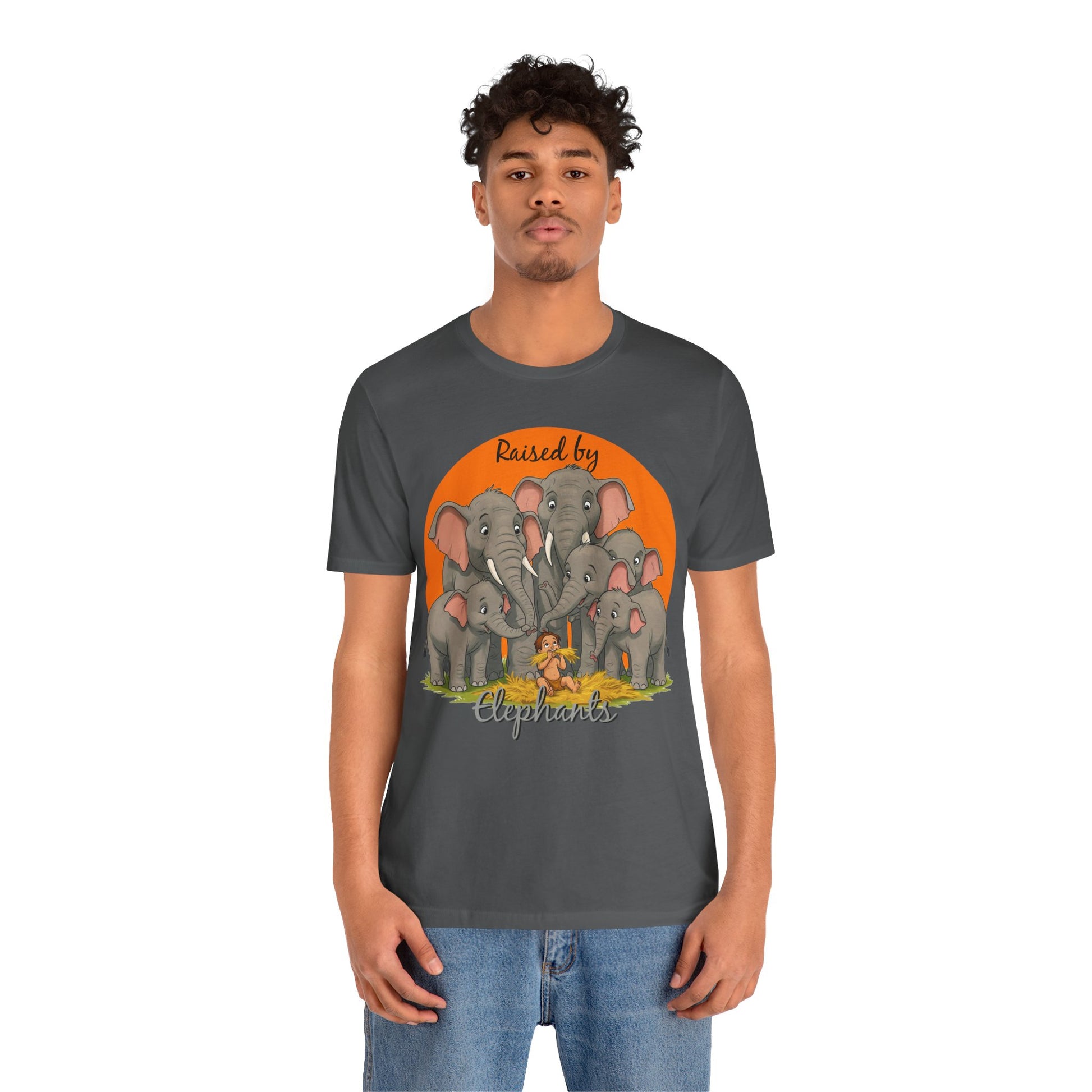 Elephant Lovers Tee - Funny 'Raised by Elephants' Unisex Jersey Short Sleeve Shirt - Wildlife and Nature Lovers Shirt (Male Character Version) - Schmartypants