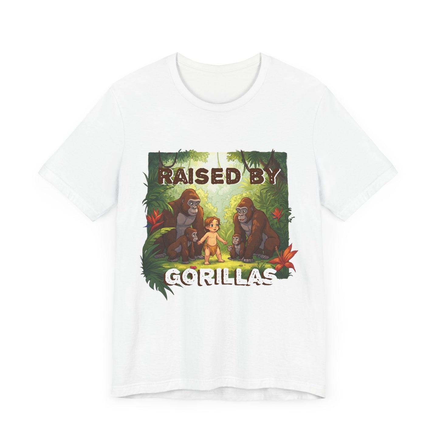 Hilarious 'Raised by Gorillas' Unisex T-Shirt - Funny Animal Lover Gift (male character version) - Schmartypants