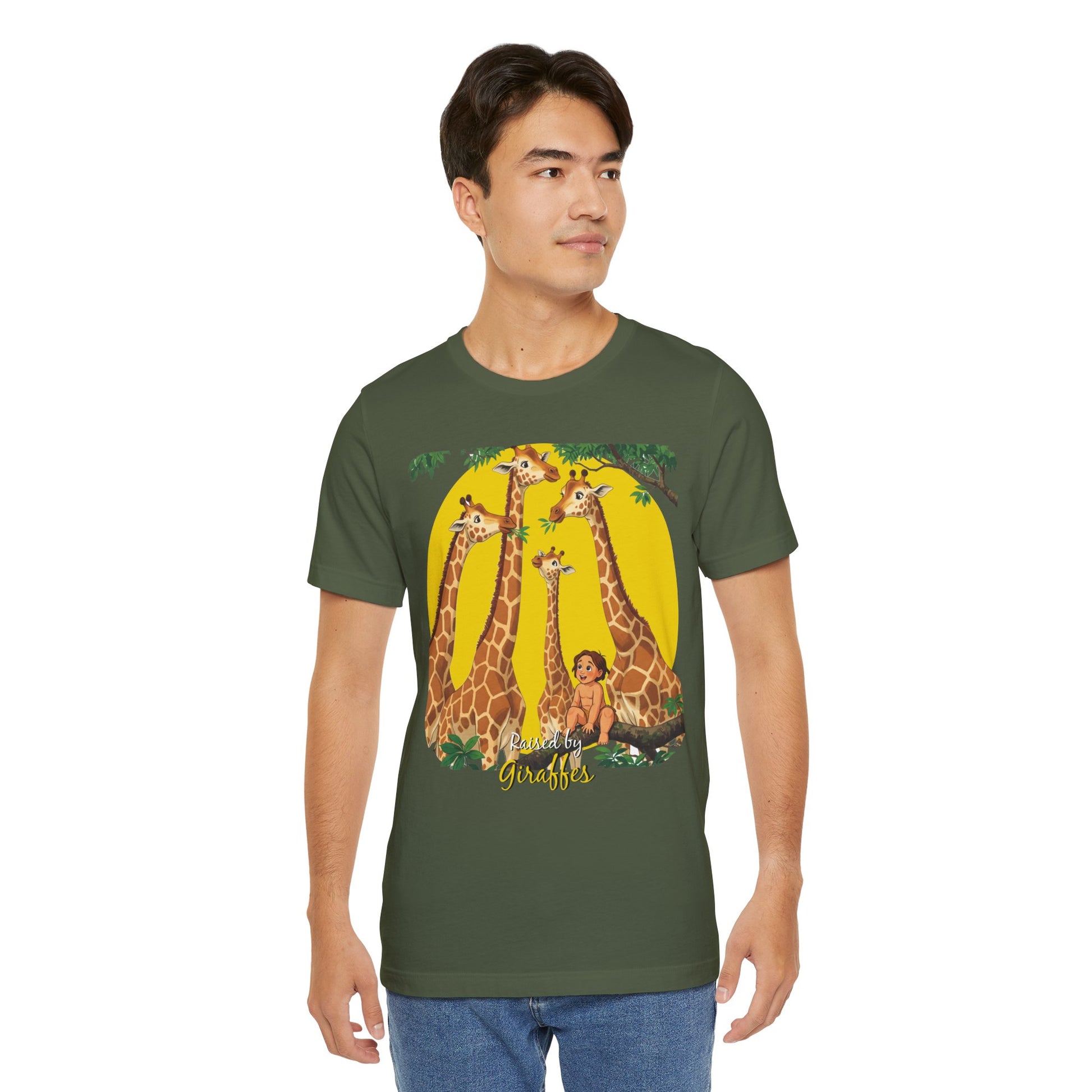 Hilarious Comical 'Raised By Giraffes' Unisex Short Sleeve Tee - Perfect for Animal Lovers (male character version) - Schmartypants