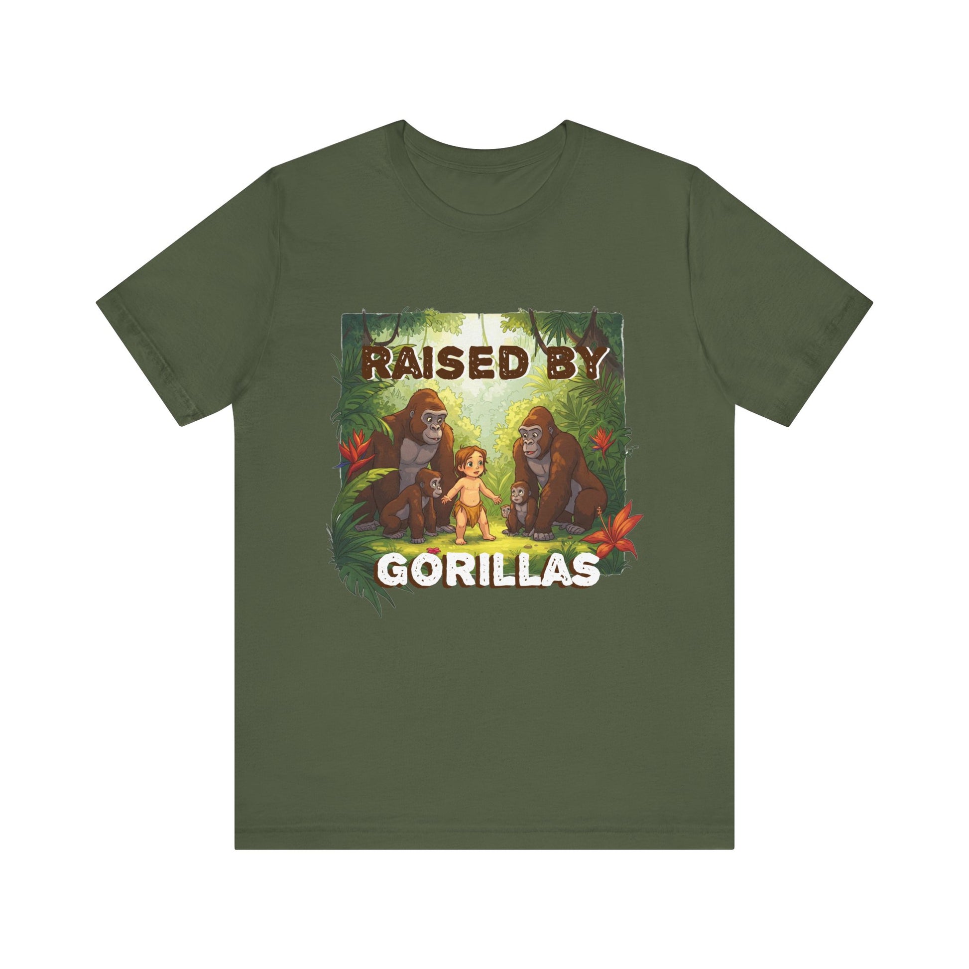 Hilarious 'Raised by Gorillas' Unisex T-Shirt - Funny Animal Lover Gift (male character version) - Schmartypants