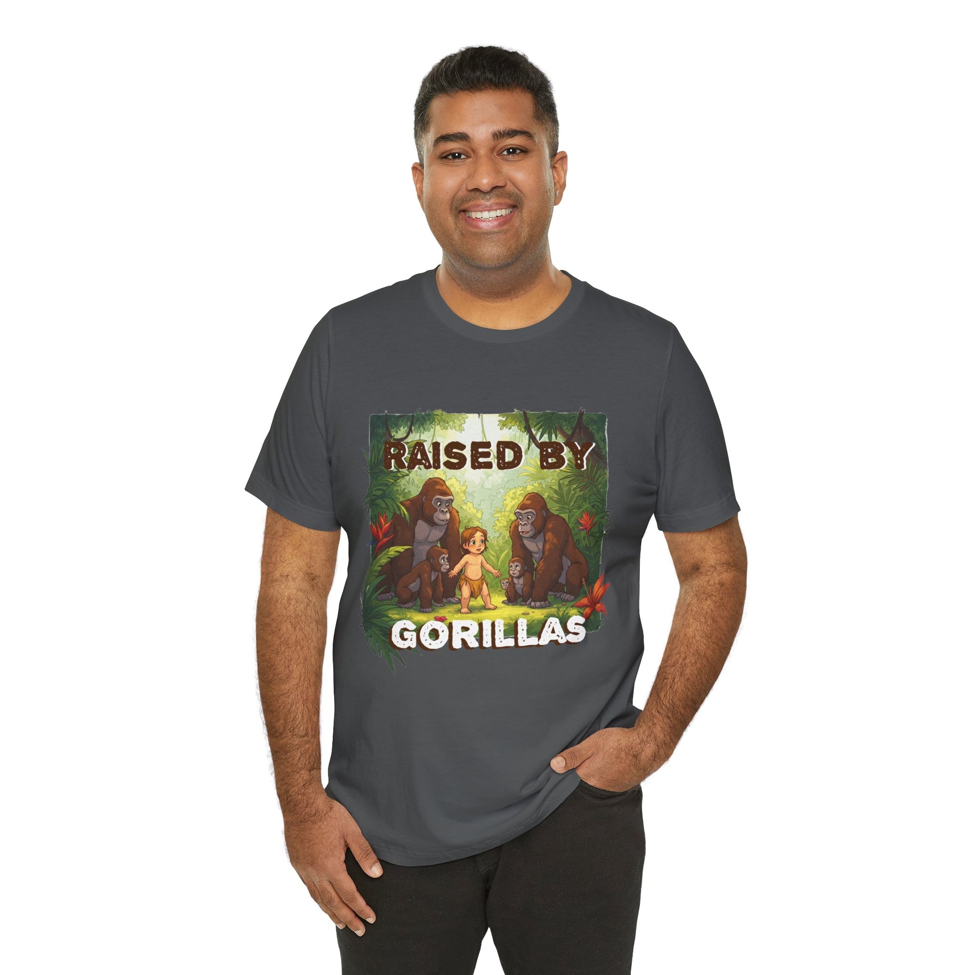 Hilarious 'Raised by Gorillas' Unisex T-Shirt - Funny Animal Lover Gift (male character version) - Schmartypants