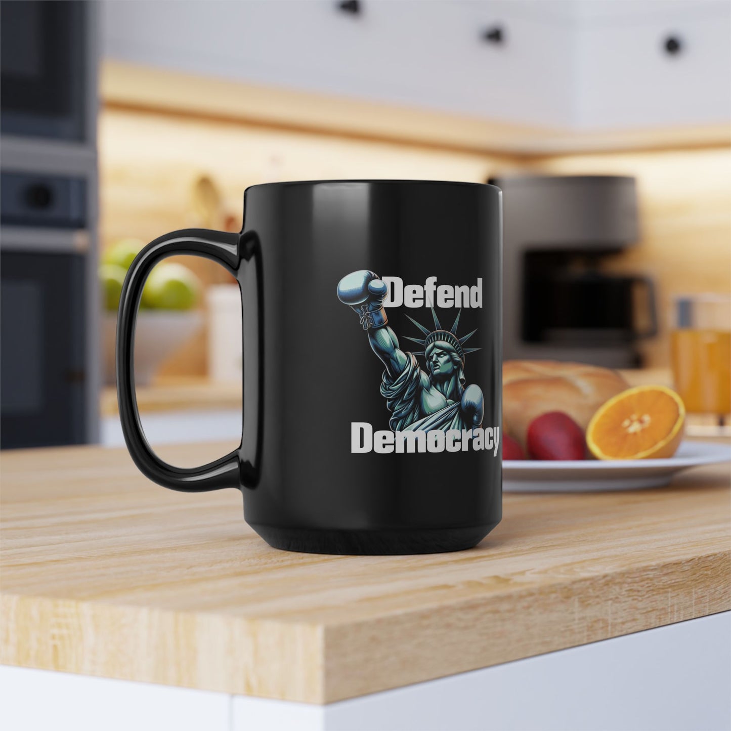 Defend Democracy Black Mug - Lady Liberty Ceramic Activist Coffee Tea Cup