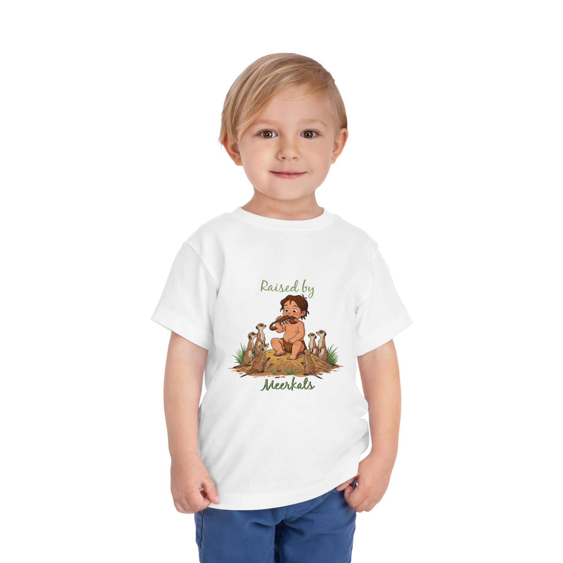 Funny Adorable 'Raised by Meerkats' Toddler Short Sleeve Tee - Cute Animal Tee for Kids Who Love Meerkats - Schmartypants