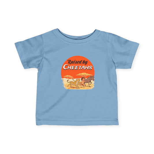 Infant Fine Jersey Tee: Funny Raised by Cheetahs T-Shirt, Baby Animal Shirt, Kids Safari Apparel, Cute Toddler Gift, Wild Animal Tee - Schmartypants