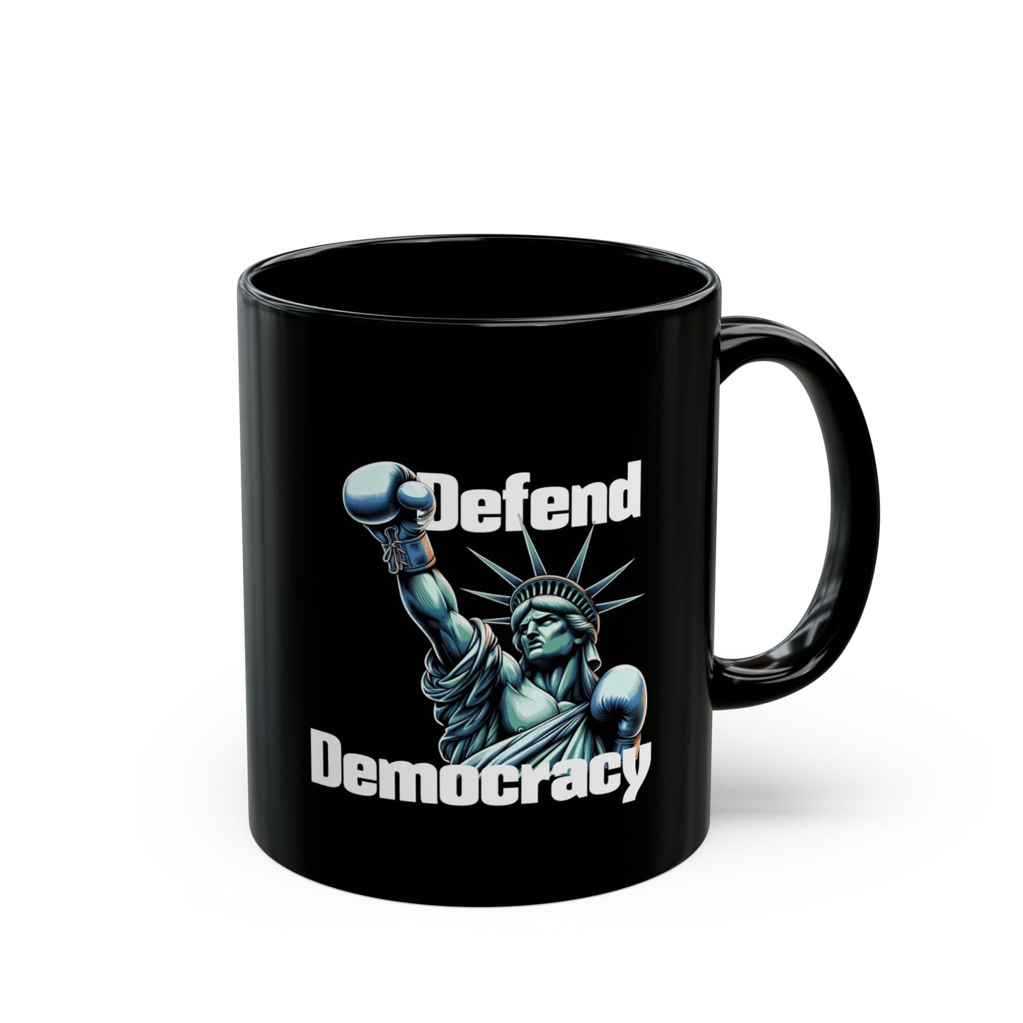 Defend Democracy Black Mug - Lady Liberty Ceramic Activist Coffee Tea Cup