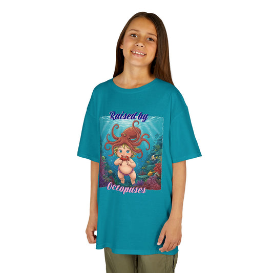 Ocean-Inspired Kids Tee - 'Raised by Octopuses' - Cute T-Shirt for Summer, Ocean Lovers, Birthday Gift, Under the Sea Theme, Fun Casual Wear