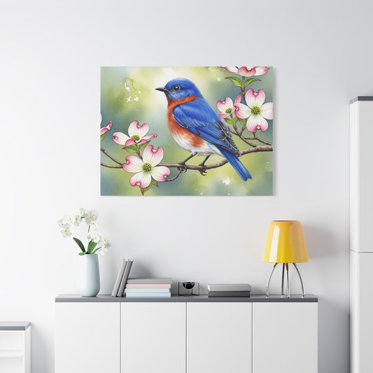Bluebird and Dogwood Canvas Art Print, Nature Wall Decor, Home Interior Design, Gift for Bird Lovers, Spring Decoration