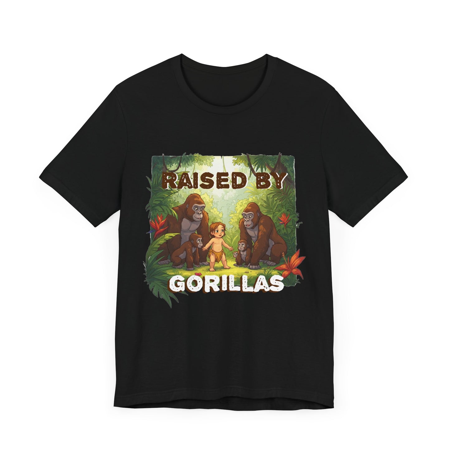 Hilarious 'Raised by Gorillas' Unisex T-Shirt - Funny Animal Lover Gift (male character version) - Schmartypants