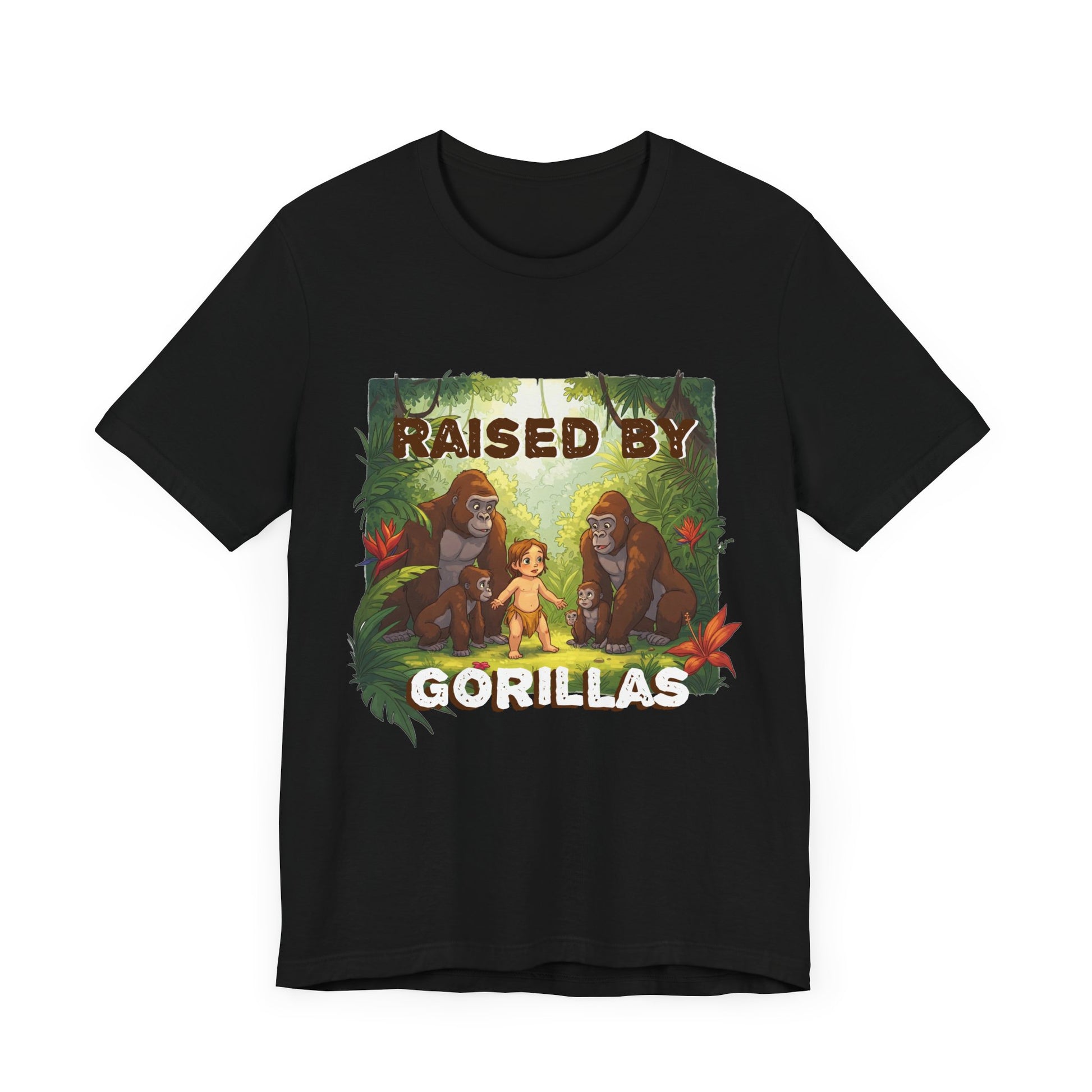 Hilarious 'Raised by Gorillas' Unisex T-Shirt - Funny Animal Lover Gift (male character version) - Schmartypants
