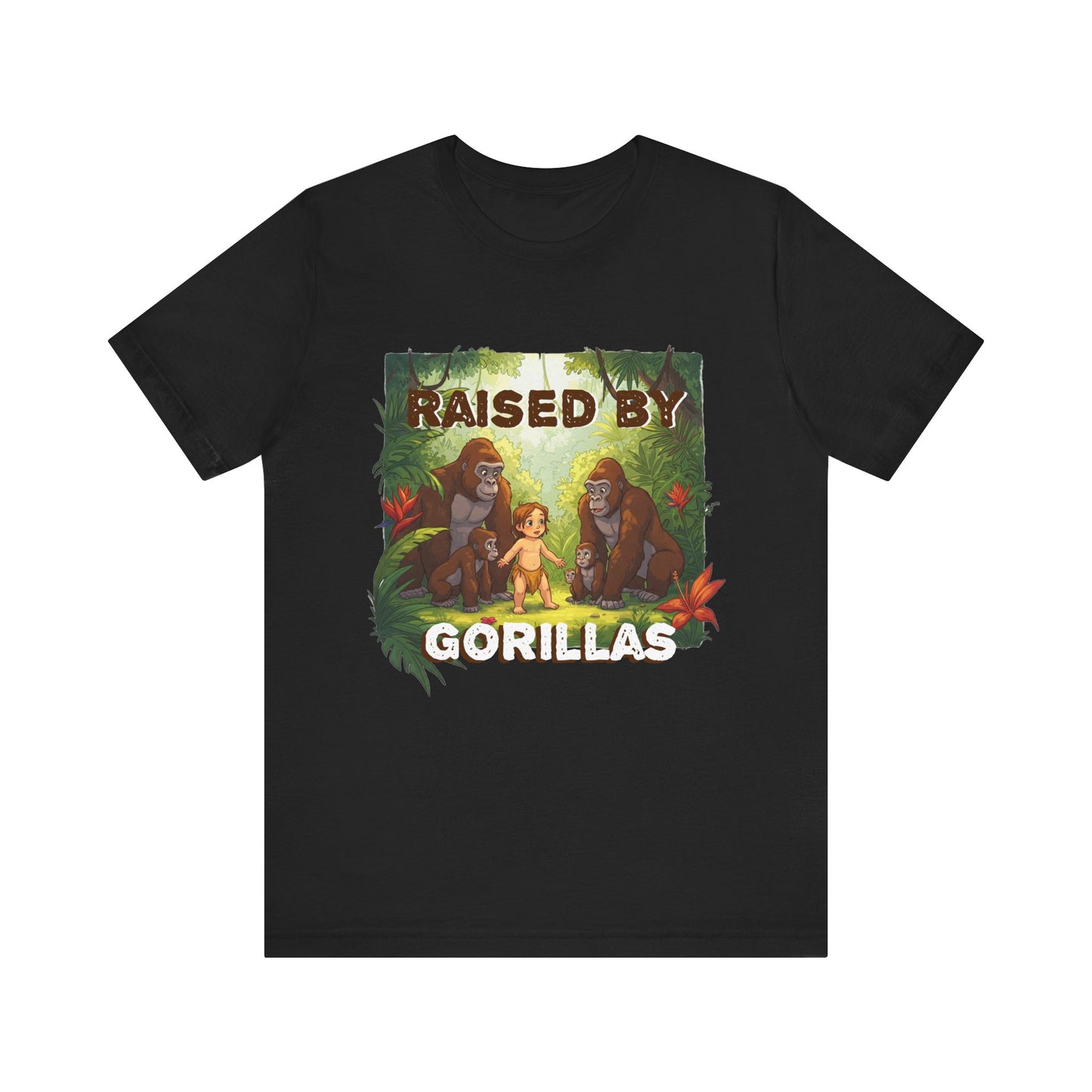 Hilarious 'Raised by Gorillas' Unisex T-Shirt - Funny Animal Lover Gift (male character version) - Schmartypants