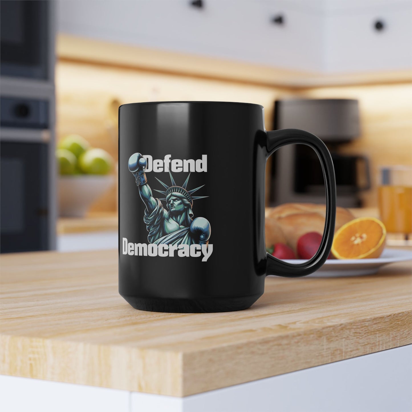 Defend Democracy Black Mug - Lady Liberty Ceramic Activist Coffee Tea Cup