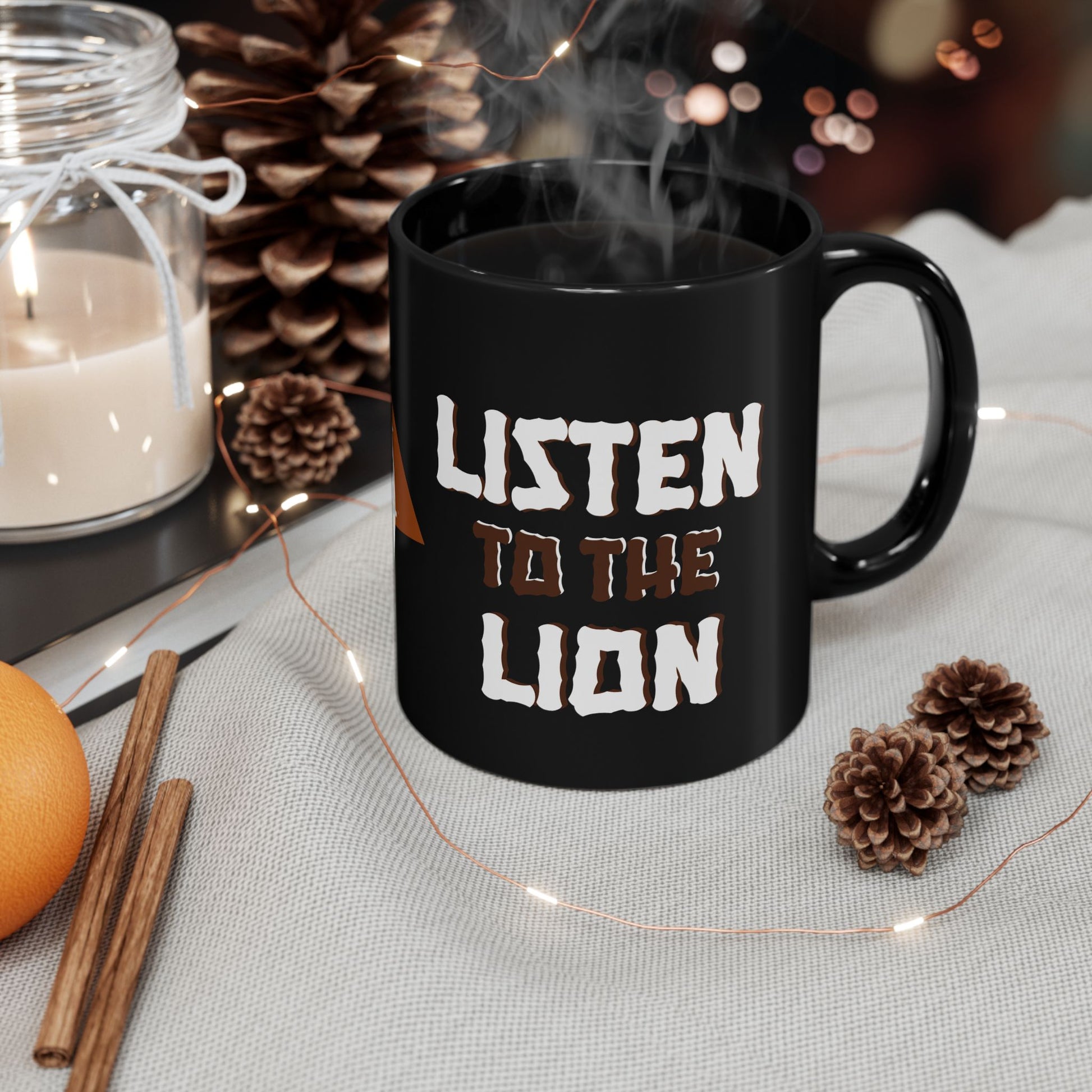 Listen to the Lion Black Mug - Inspirational Coffee Tea Cup for Animal Lovers, Van Morrison Fans - Schmartypants