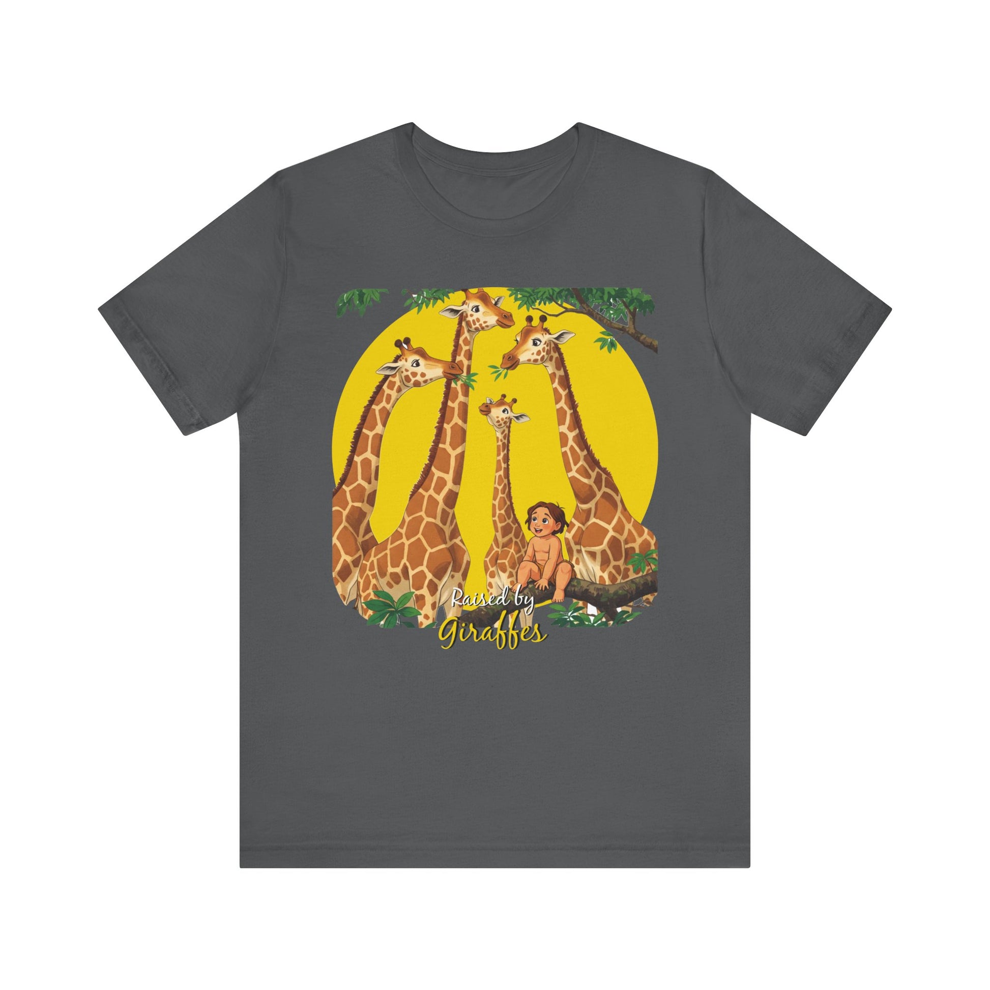 Hilarious Comical 'Raised By Giraffes' Unisex Short Sleeve Tee - Perfect for Animal Lovers (male character version) - Schmartypants