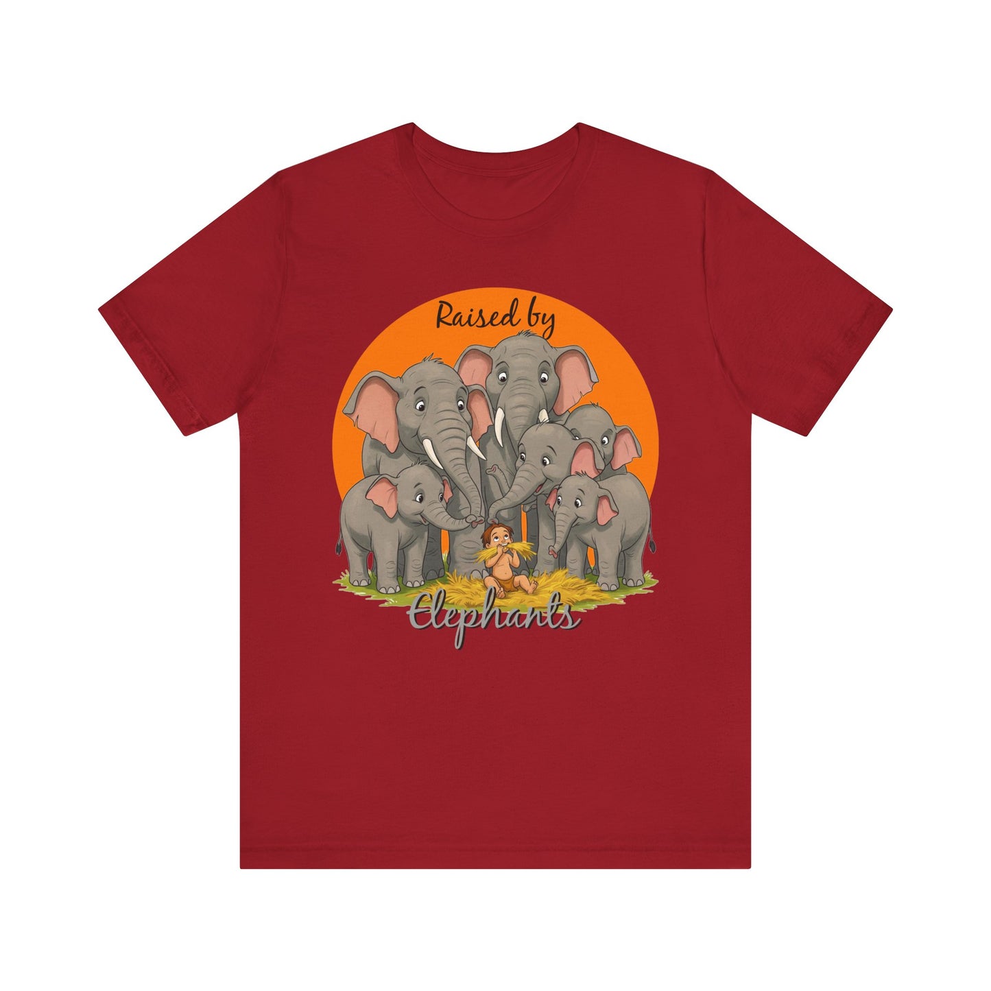 Elephant Lovers Tee - Funny 'Raised by Elephants' Unisex Jersey Short Sleeve Shirt - Wildlife and Nature Lovers Shirt (Male Character Version) - Schmartypants