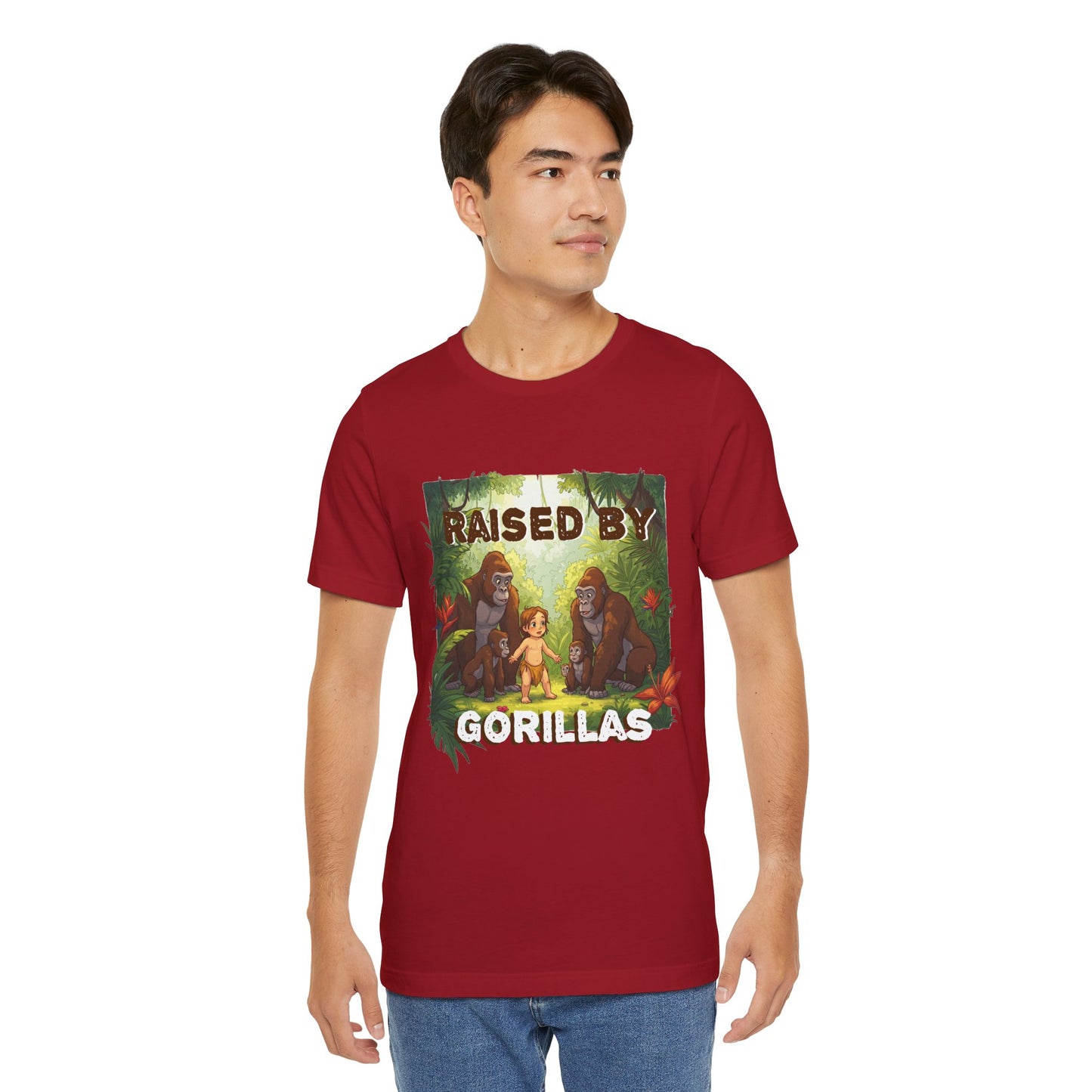 Hilarious 'Raised by Gorillas' Unisex T-Shirt - Funny Animal Lover Gift (male character version) - Schmartypants