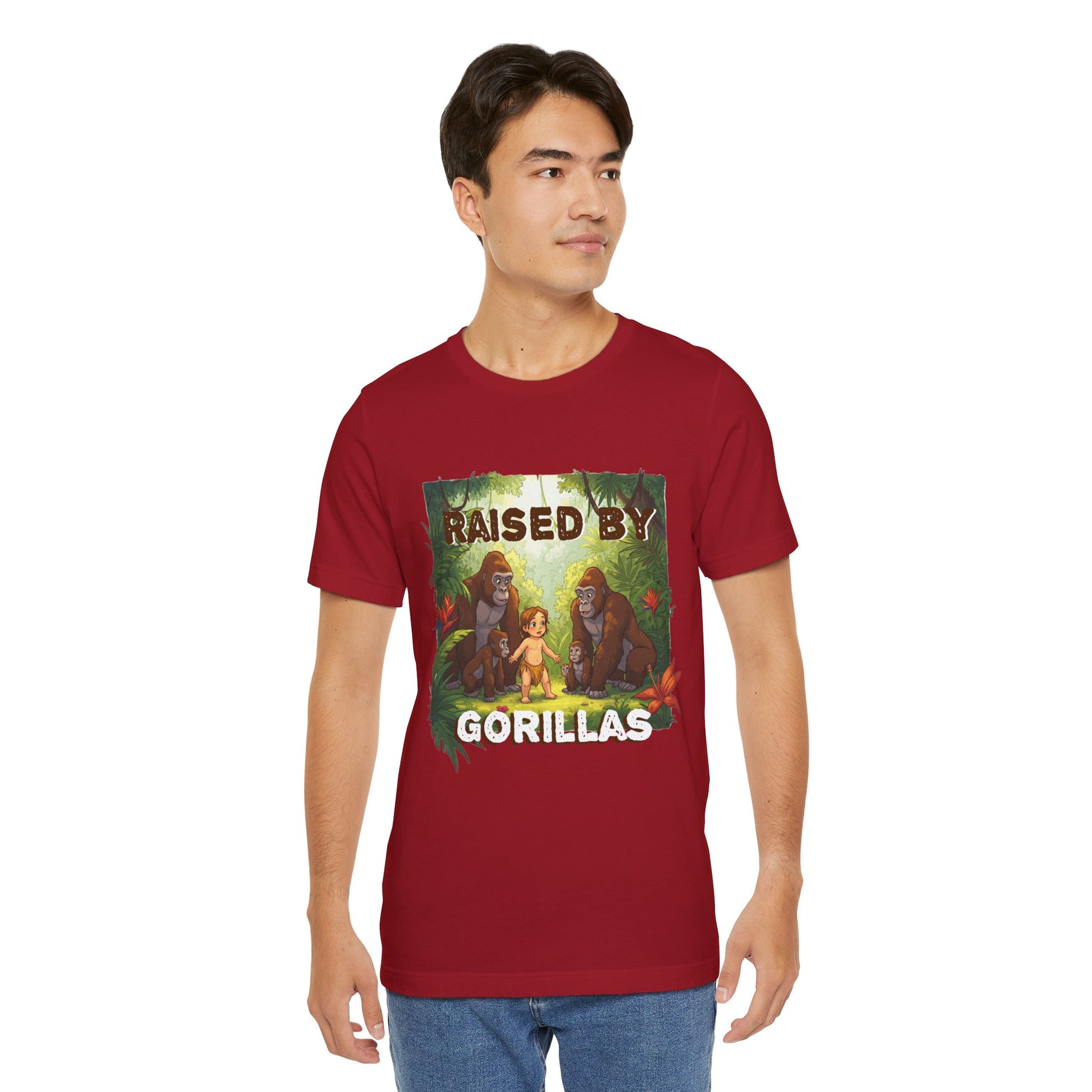 Hilarious 'Raised by Gorillas' Unisex T-Shirt - Funny Animal Lover Gift (male character version) - Schmartypants