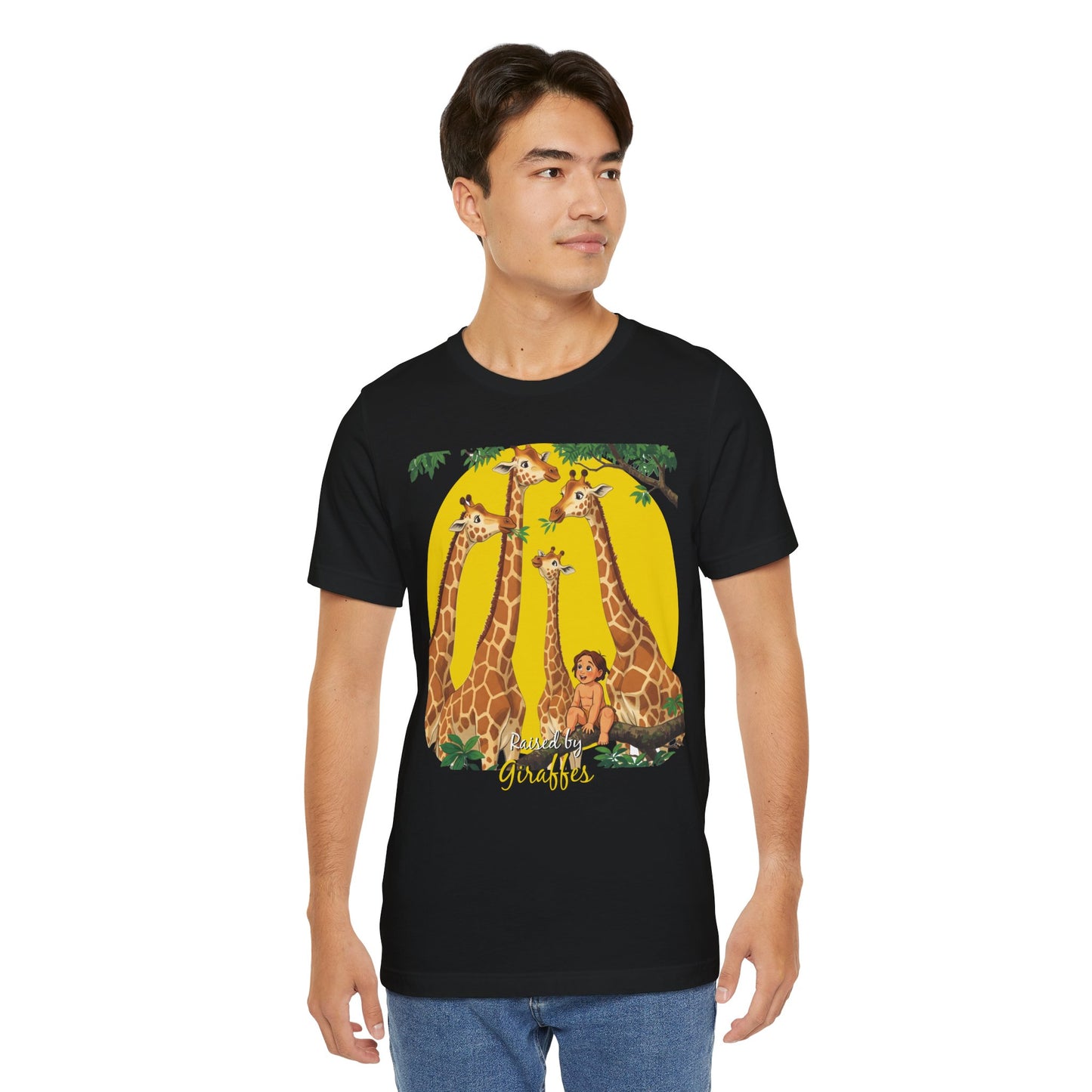 Hilarious Comical 'Raised By Giraffes' Unisex Short Sleeve Tee - Perfect for Animal Lovers (male character version) - Schmartypants