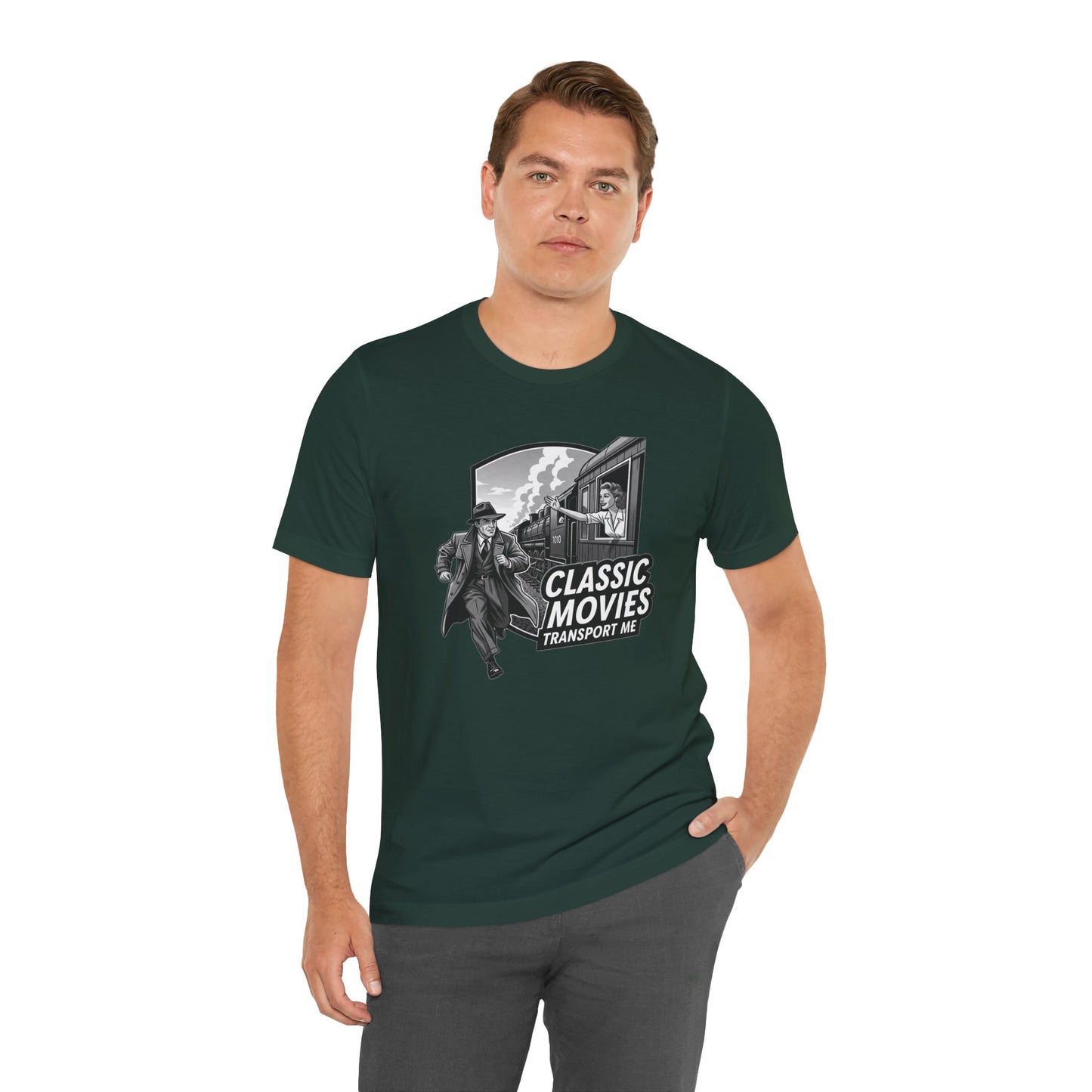 Classic Movies Transport Me Unisex Tee, Vintage Movie Lover Shirt, Locomotive T-Shirt, Film Buff Gift, Nostalgic Film Apparel