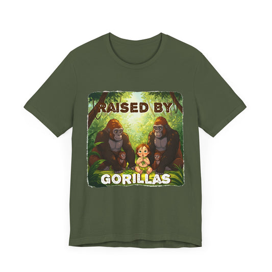Funny Gorilla Graphic Tee - 'Raised by Gorillas' Unisex Jersey Shirt (Female character version) - Schmartypants