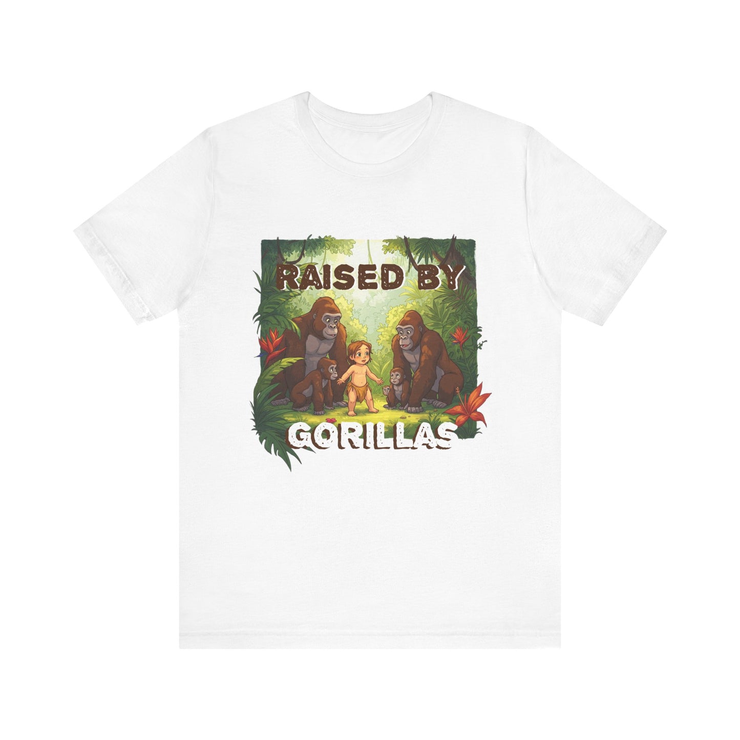 Hilarious 'Raised by Gorillas' Unisex T-Shirt - Funny Animal Lover Gift (male character version) - Schmartypants