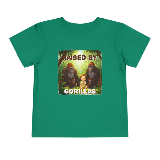 Funny 'Raised by Gorillas' Toddler Tee - Fun Jungle Adventure Shirt for Kids (female character version) - Schmartypants