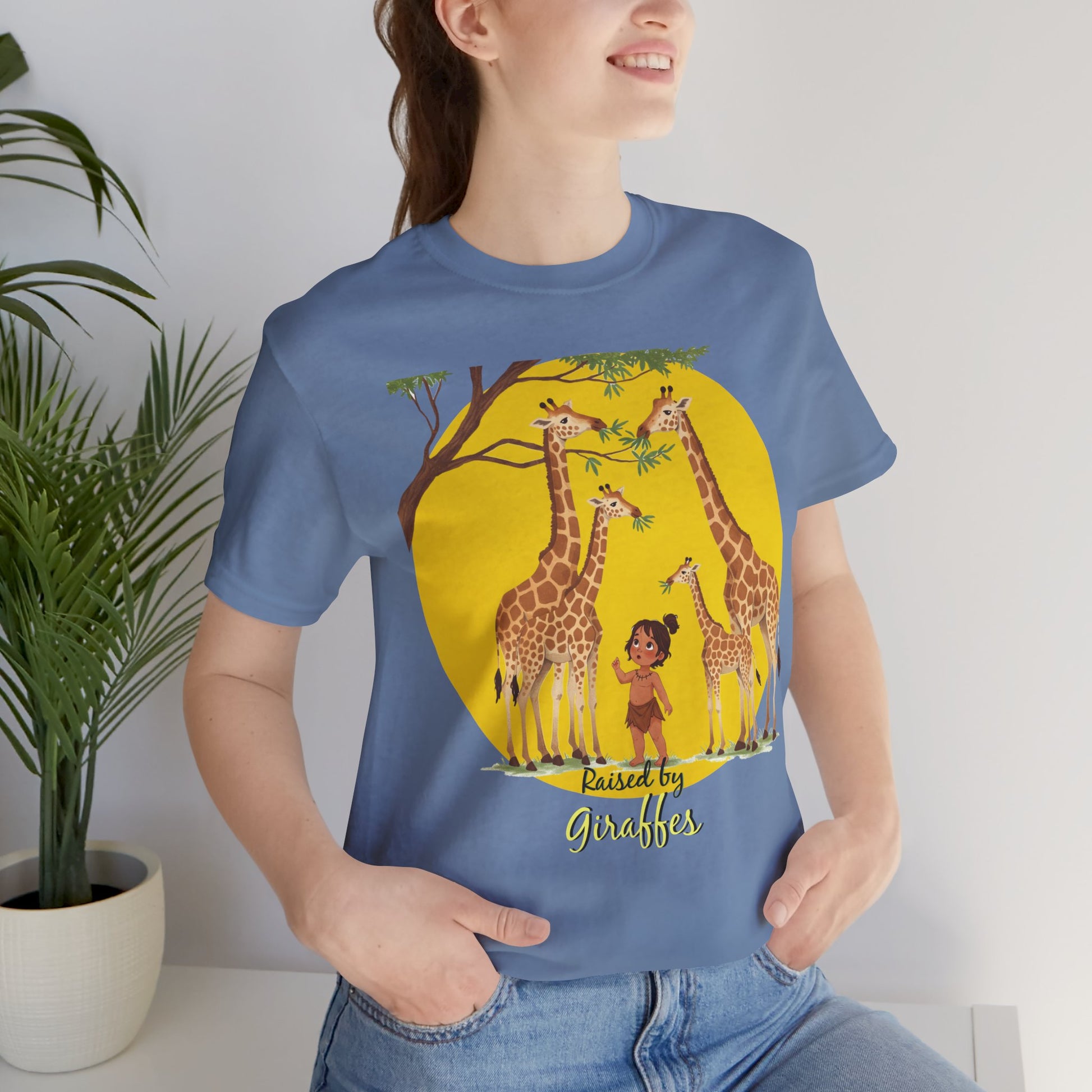 Raised by Giraffes Unisex T-Shirt - Funny Animal Lover Tee - Giraffe Lovers, Wildlife Enthusiasts (Female Character) - Schmartypants