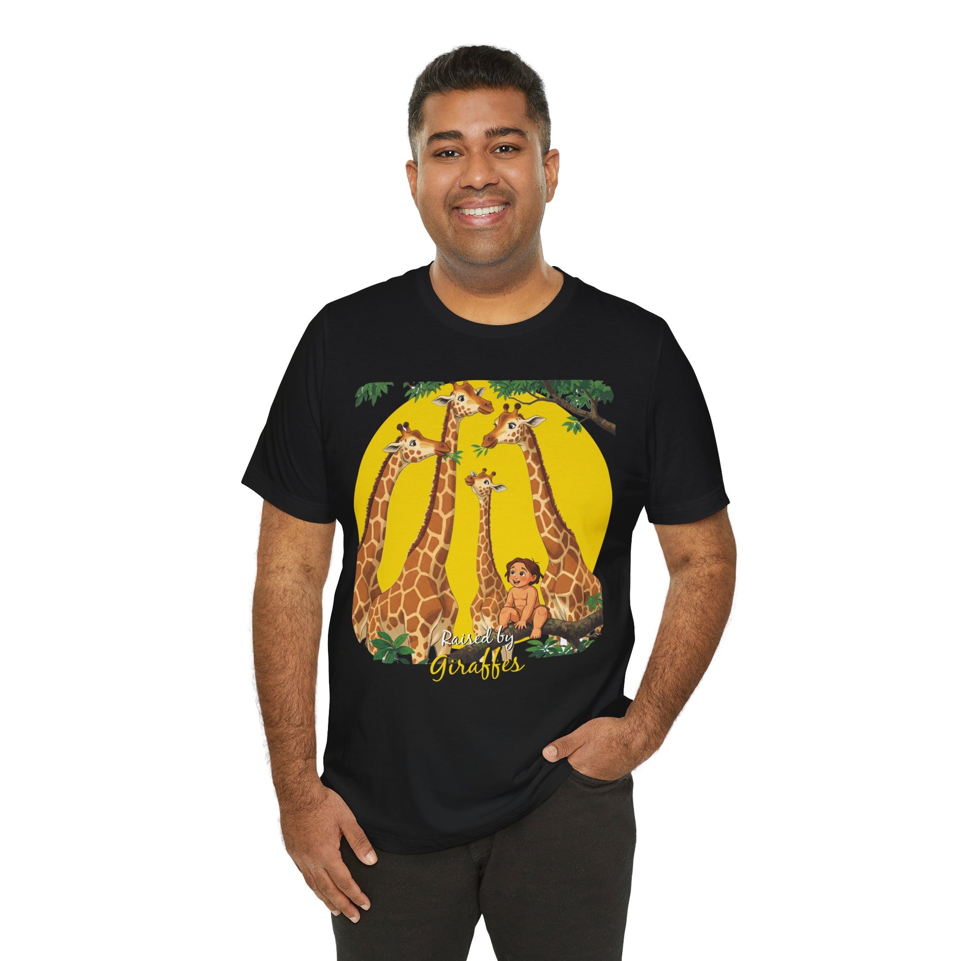 Hilarious Comical 'Raised By Giraffes' Unisex Short Sleeve Tee - Perfect for Animal Lovers (male character version) - Schmartypants