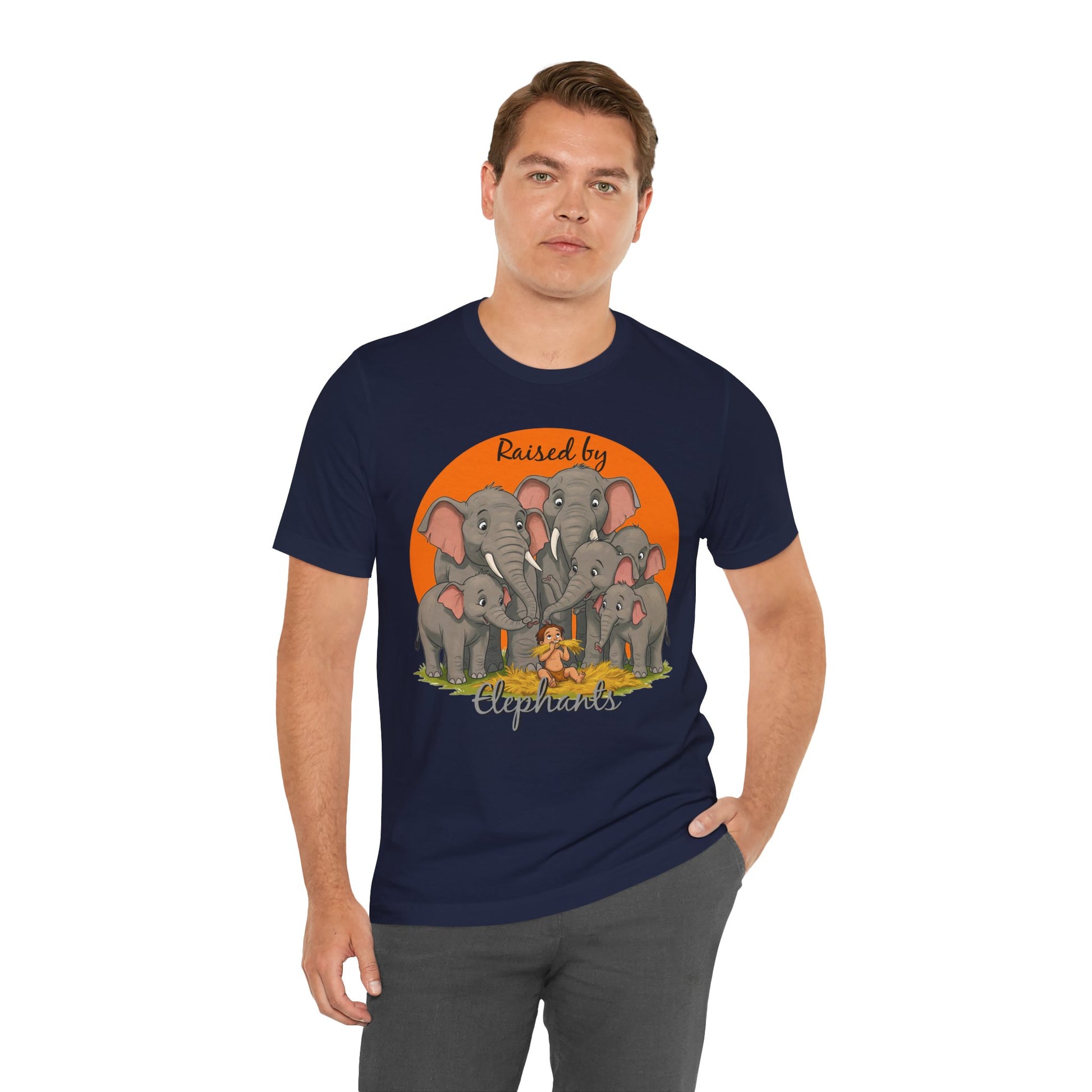 Elephant Lovers Tee - Funny 'Raised by Elephants' Unisex Jersey Short Sleeve Shirt - Wildlife and Nature Lovers Shirt (Male Character Version) - Schmartypants
