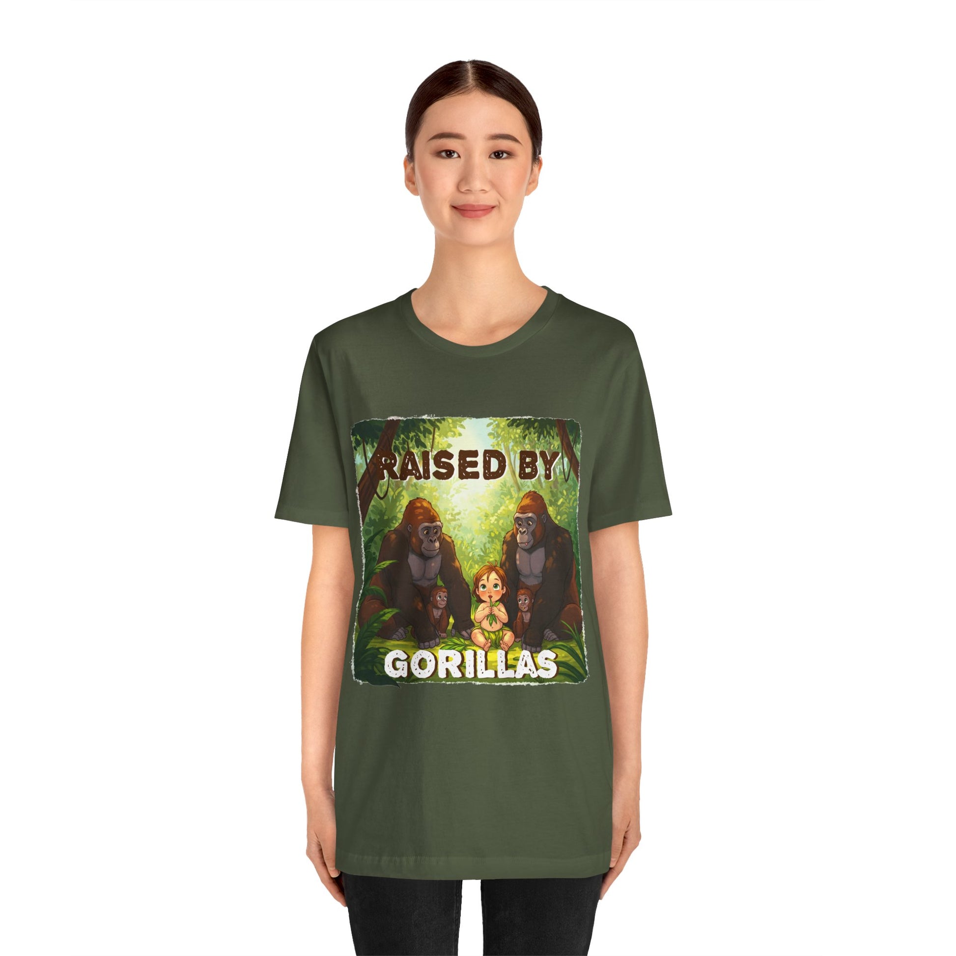 Funny Gorilla Graphic Tee - 'Raised by Gorillas' Unisex Jersey Shirt (Female character version) - Schmartypants