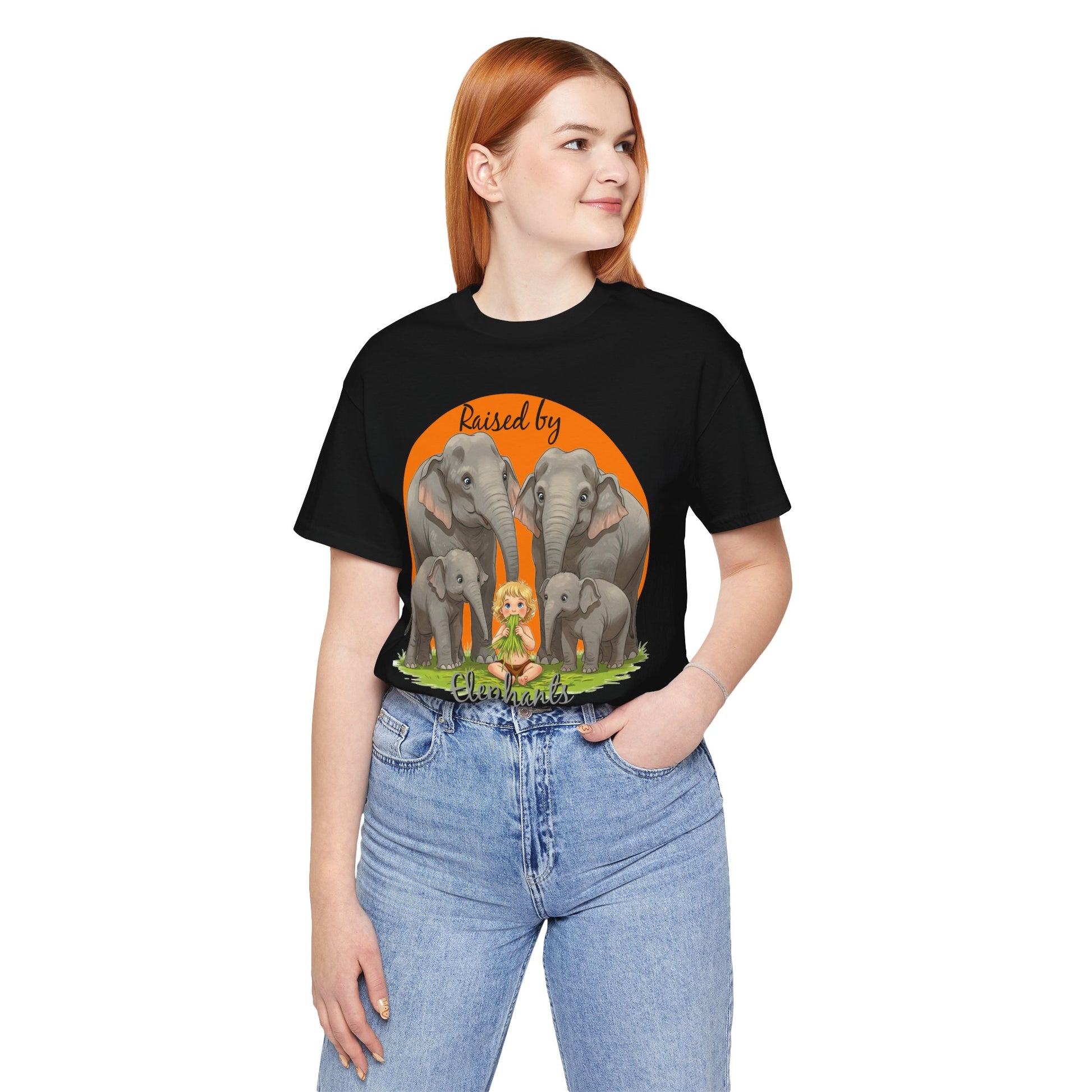 Funny Raised by Elephants Unisex Short Sleeve Tee - Perfect for Animal Lovers, Wildlife Fans (Women's character version) - Schmartypants