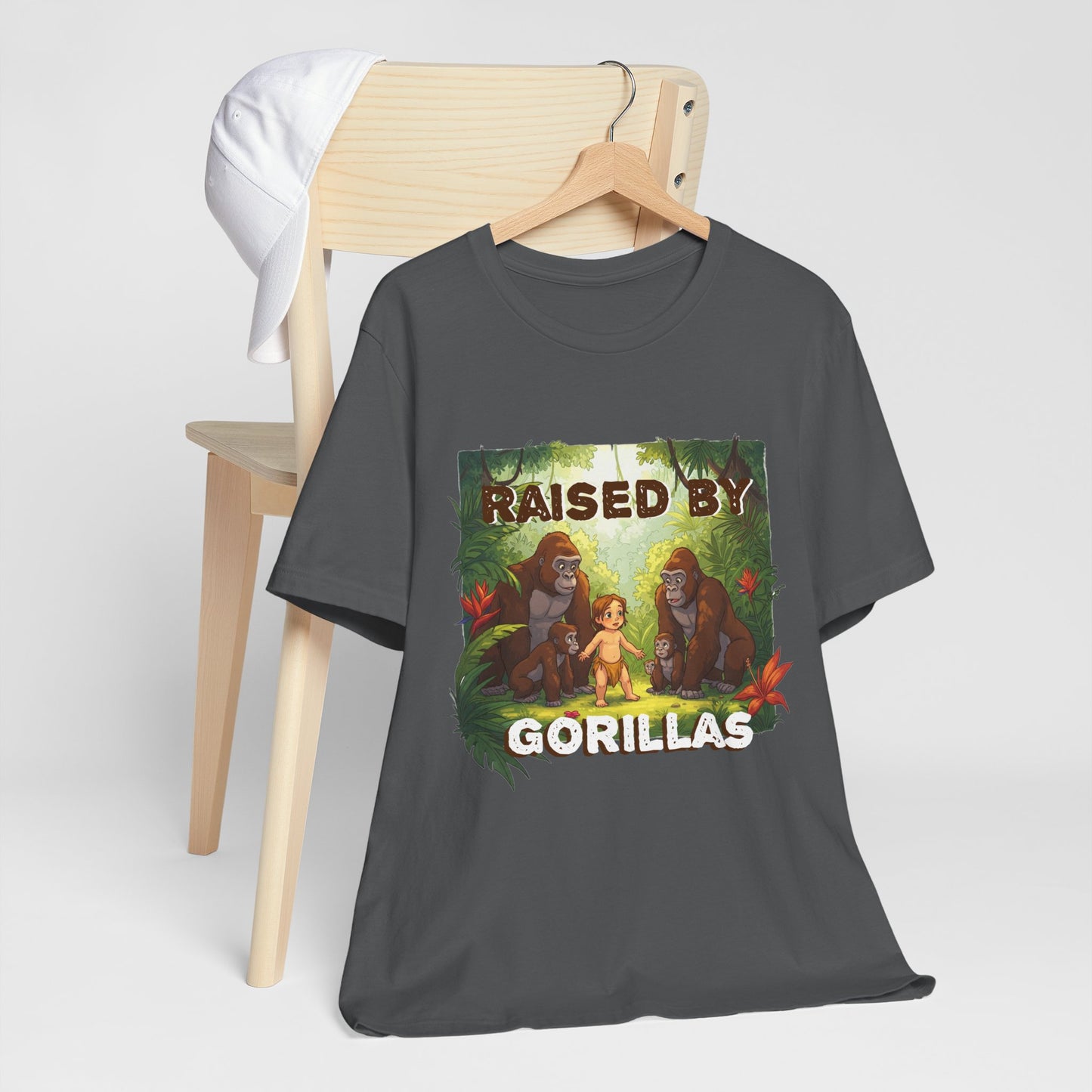 Hilarious 'Raised by Gorillas' Unisex T-Shirt - Funny Animal Lover Gift (male character version) - Schmartypants