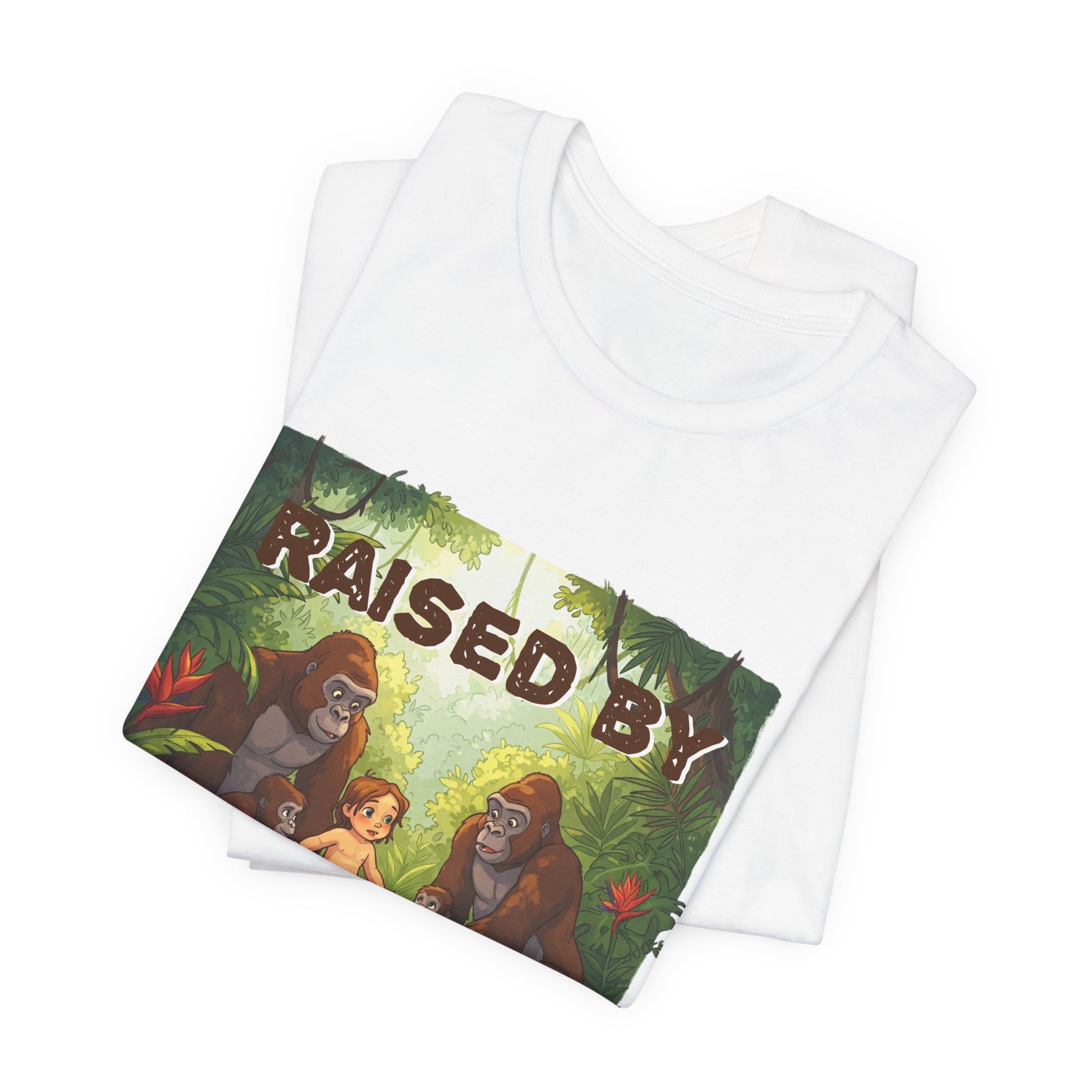 Hilarious 'Raised by Gorillas' Unisex T-Shirt - Funny Animal Lover Gift (male character version) - Schmartypants