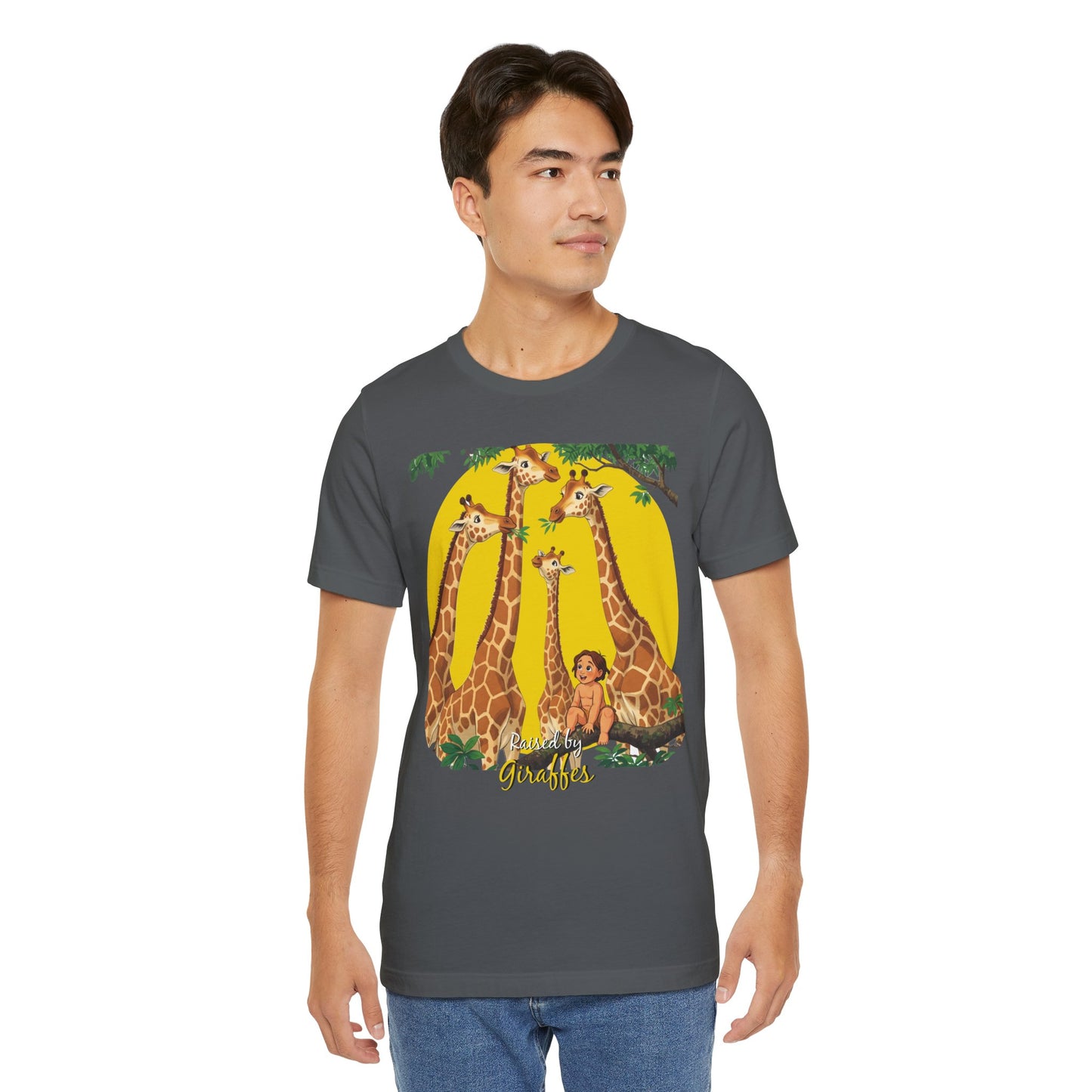 Hilarious Comical 'Raised By Giraffes' Unisex Short Sleeve Tee - Perfect for Animal Lovers (male character version) - Schmartypants