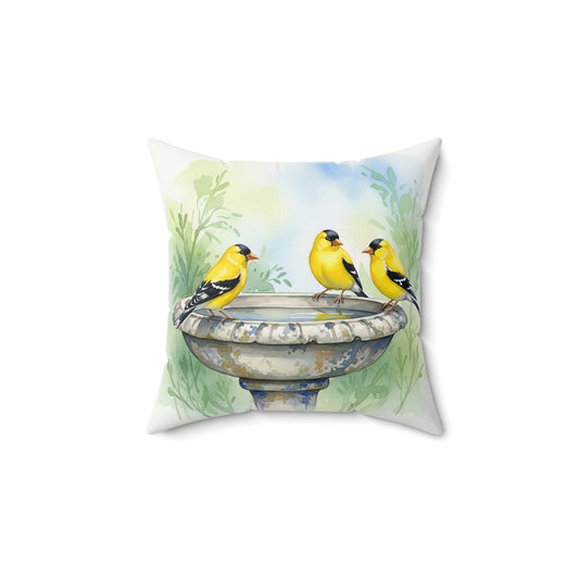 Cheerful Bird Bath Pillow, Decorative Cushion for Bird Lovers, Home Décor, Gift for Nature Enthusiasts, Goldfinches, Cozy Living Room